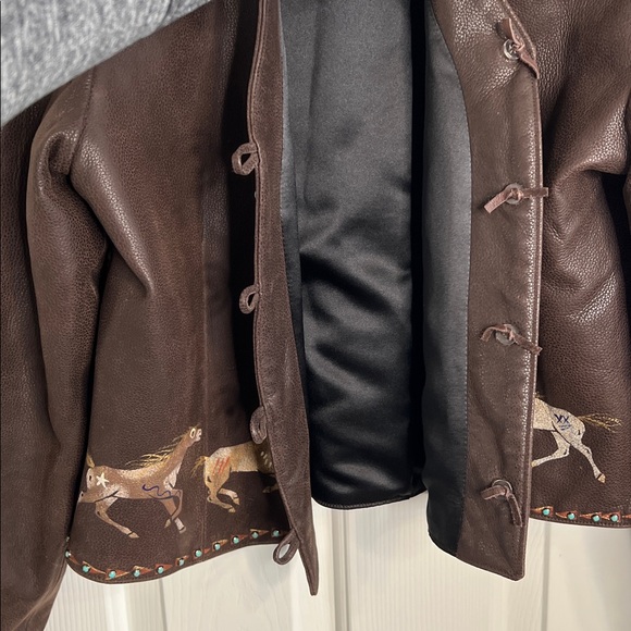 Patricia Wolf brown leather horses jacket turquoise stone details women’s large - Picture 5 of 12